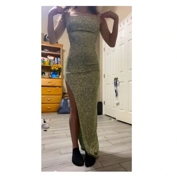 sage green sequin dress Primavera Couture 3936 size 10 Sage Green Long Fitted Maxi Slit Beaded Sequin Prom Dress Backless Corset Gown main image 1
